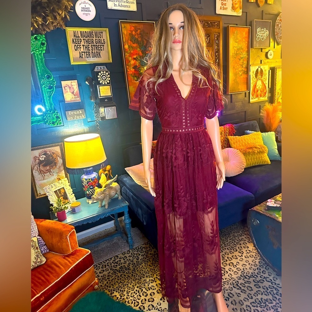 Maroon Boho Lace Sheer Dress Sz S - NEW
